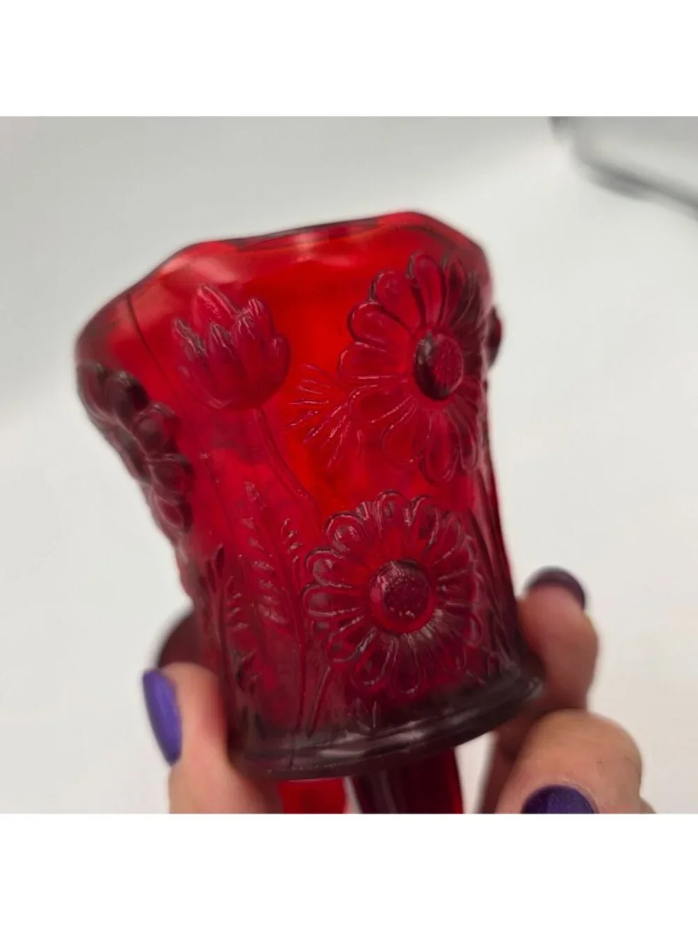 Homco Red Glass Votive Peg Candle Holders Set if 2 Vintage 3.75